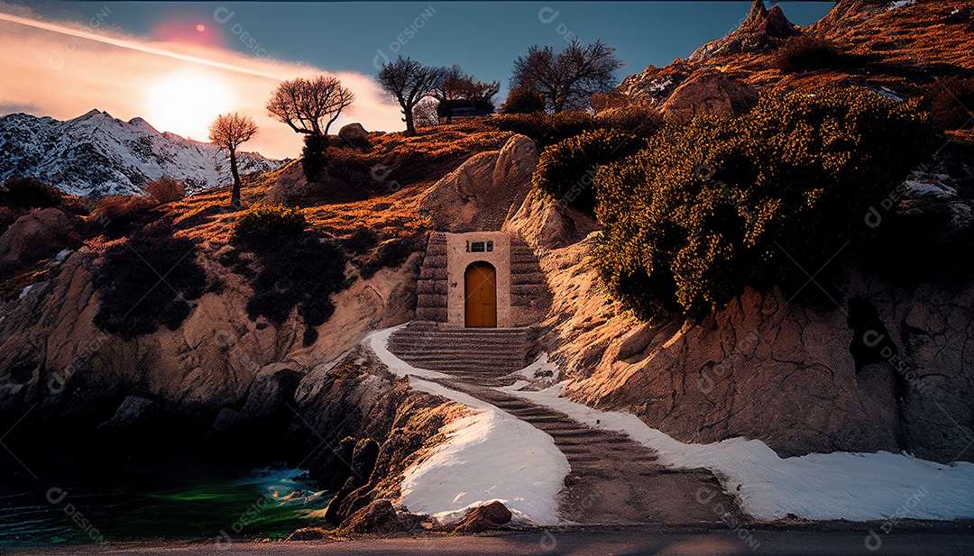 Porta secreta élfica na montanha, fantasia, misteriosa. Paisagem bonita. arte conceitual