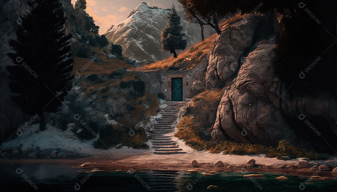 Porta secreta élfica na montanha, fantasia, misteriosa. Paisagem bonita. arte conceitual