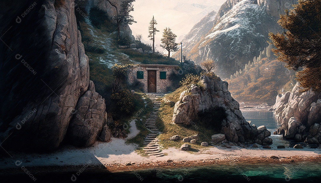 Porta secreta élfica na montanha, fantasia, misteriosa. Paisagem bonita. arte conceitual
