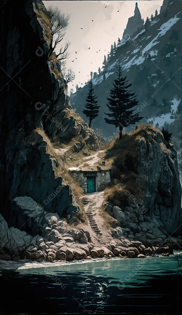 Porta secreta élfica na montanha, fantasia, misteriosa. Paisagem bonita. arte conceitual