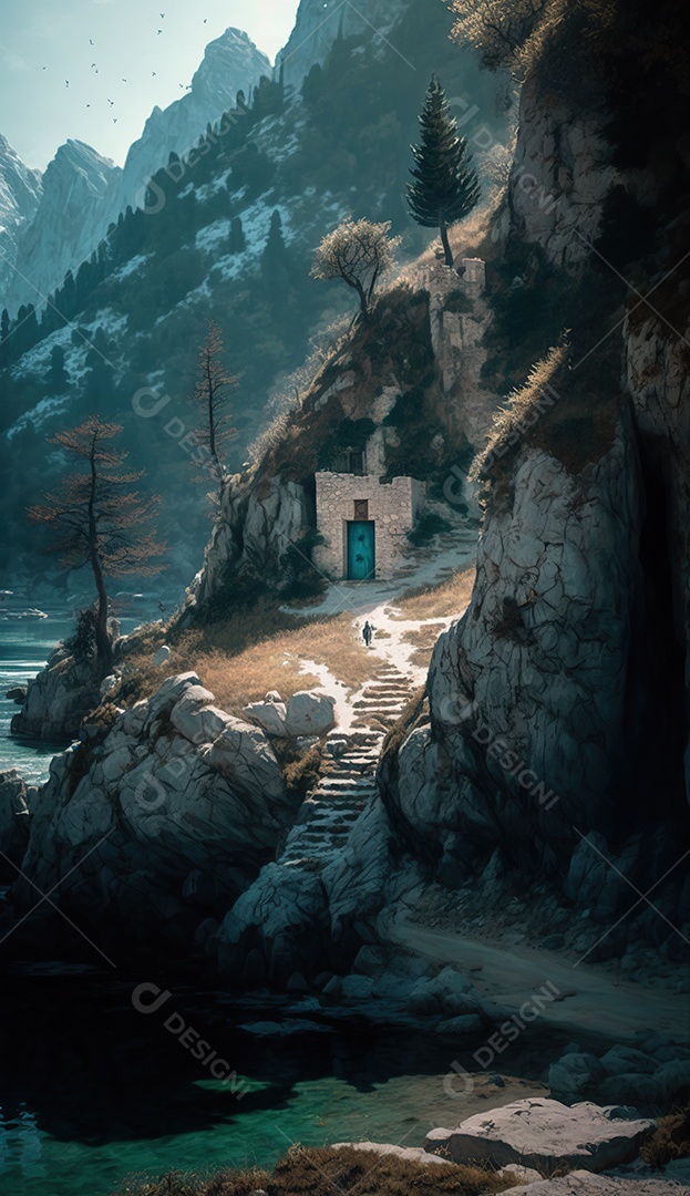 Porta secreta élfica na montanha, fantasia, misteriosa. Paisagem bonita. arte conceitual