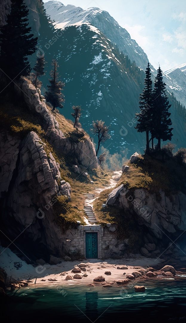 Porta secreta élfica na montanha, fantasia, misteriosa. Paisagem bonita. arte conceitual