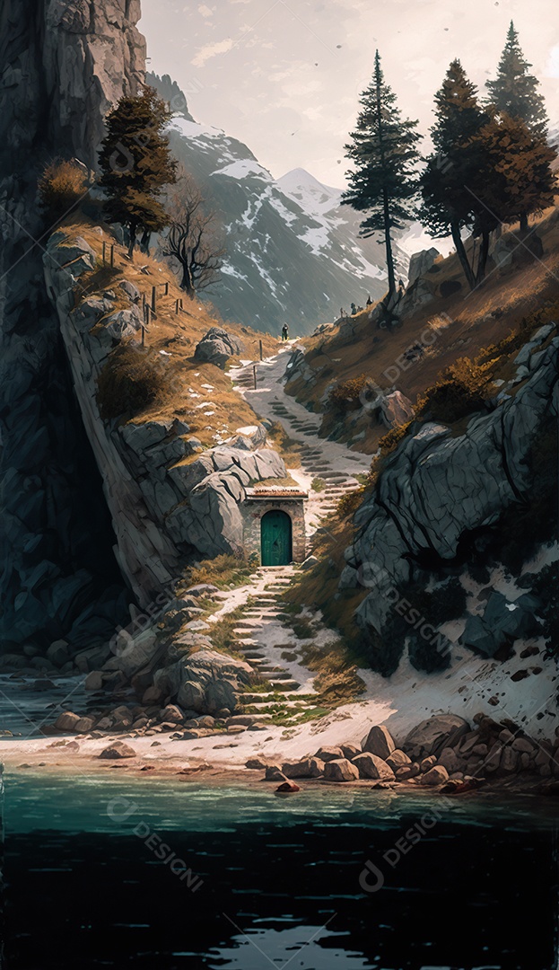 Porta secreta élfica na montanha, fantasia, misteriosa. Paisagem bonita. arte conceitual