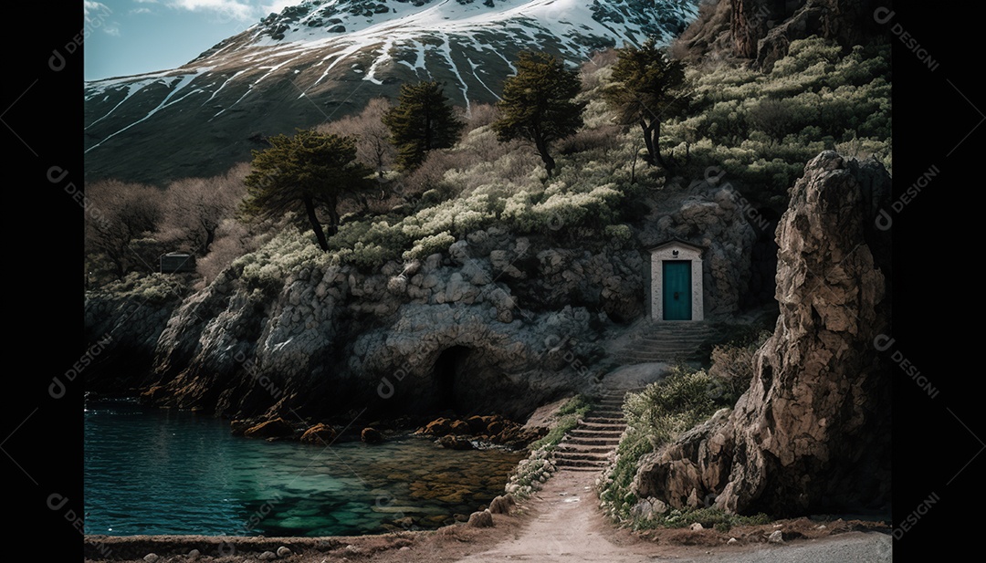 Porta secreta élfica na montanha, fantasia, misteriosa. Paisagem bonita. arte conceitual