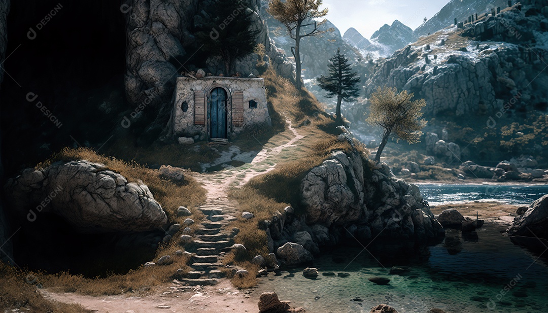 porta secreta élfica na montanha, fantasia, misteriosa. Paisagem bonita. arte conceitual