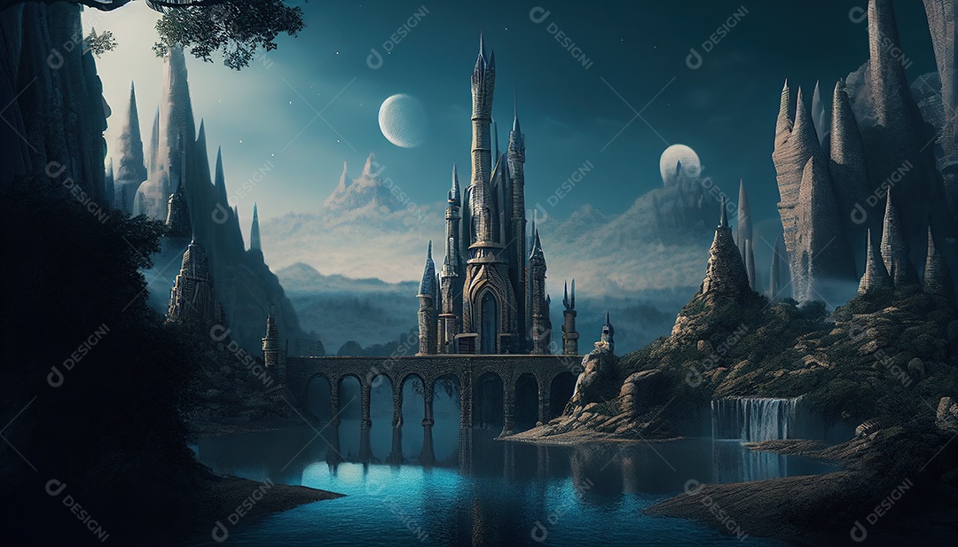 uma torre misteriosa no centro de uma cidade élfica em uma planície em Waterfalls. Fantasia