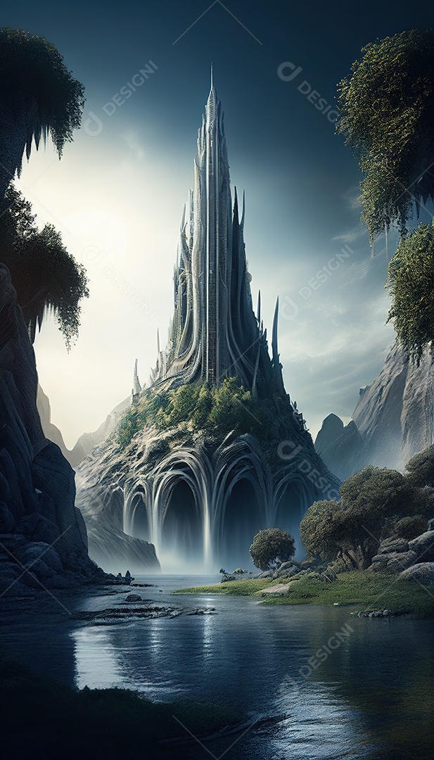 uma torre misteriosa no centro de uma cidade élfica em uma planície em Waterfalls. Fantasia