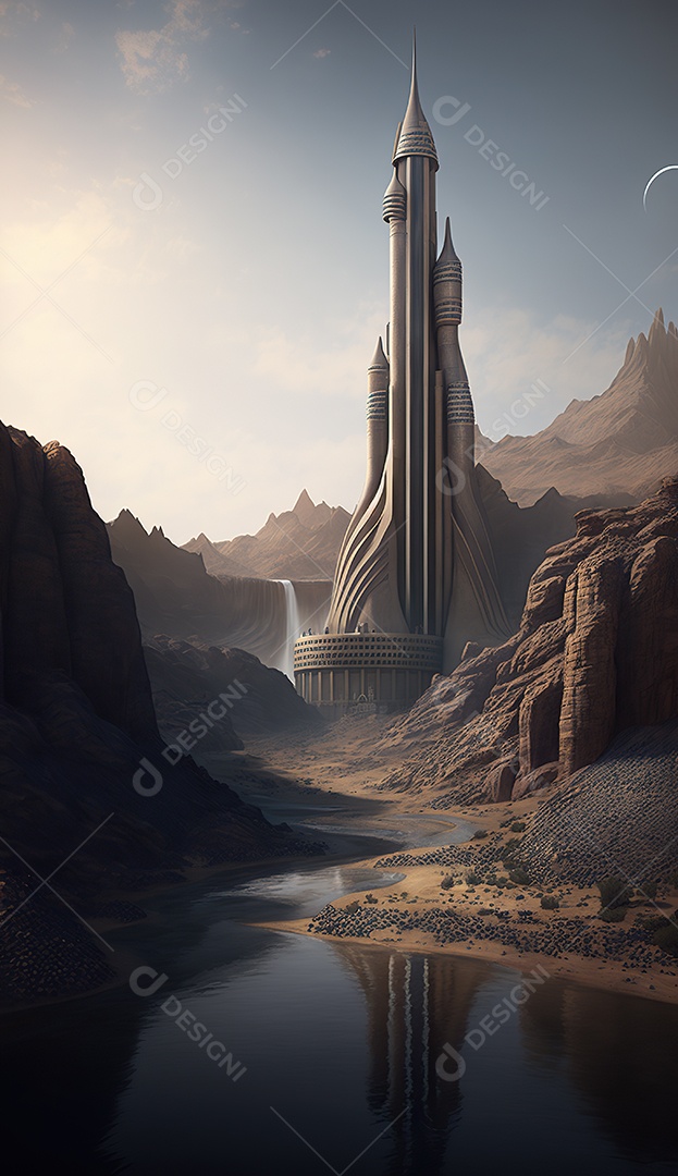 uma torre misteriosa no centro de uma cidade élfica em uma planície em Waterfalls. Fantasia