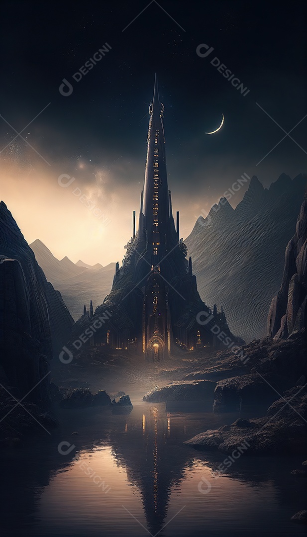 uma torre misteriosa no centro de uma cidade élfica em uma planície em Waterfalls. Fantasia