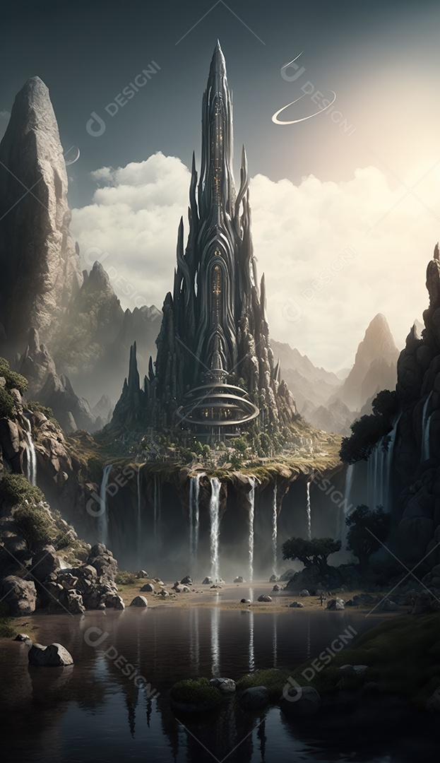 uma torre misteriosa no centro de uma cidade élfica em uma planície em Waterfalls. Fantasia