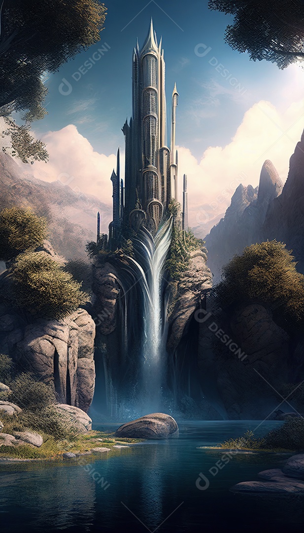 uma torre misteriosa no centro de uma cidade élfica em uma planície em Waterfalls. Fantasia