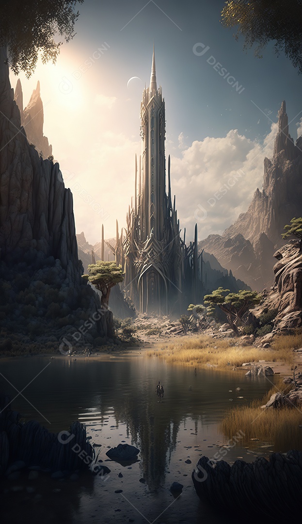 uma torre misteriosa no centro de uma cidade élfica em uma planície em Waterfalls. Fantasia