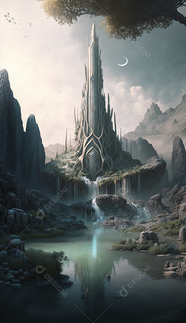 uma torre misteriosa no centro de uma cidade élfica em uma planície em Waterfalls. Fantasia