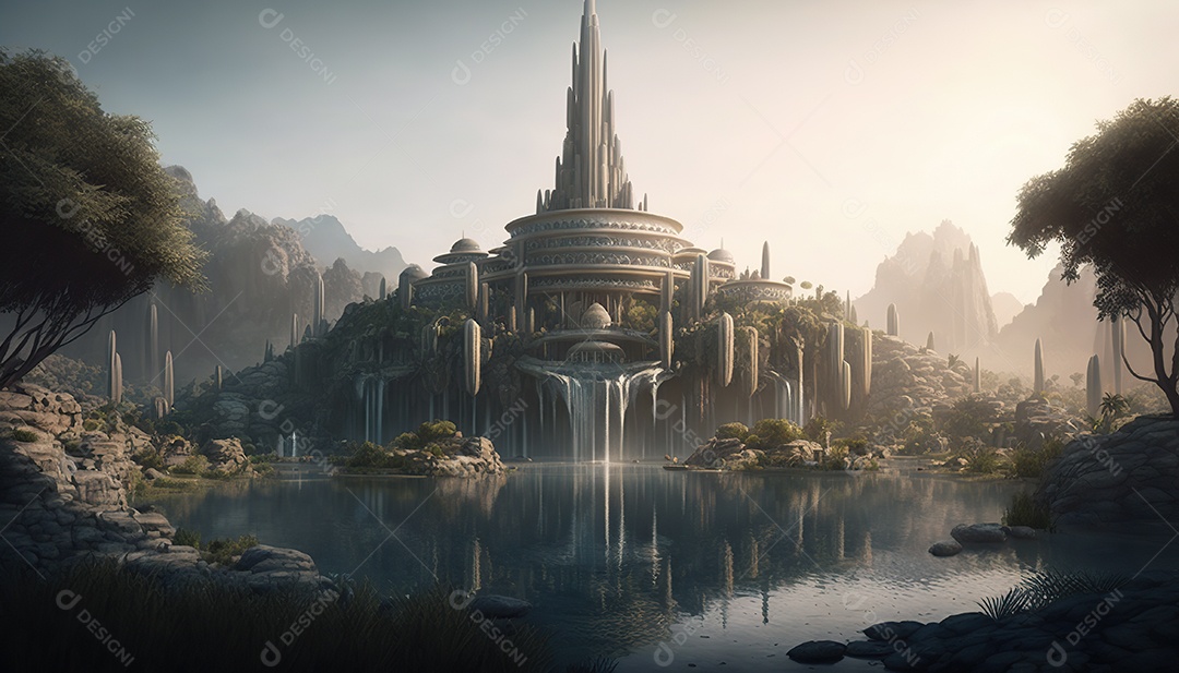 uma torre misteriosa no centro de uma cidade élfica em uma planície em Waterfalls. Fantasia