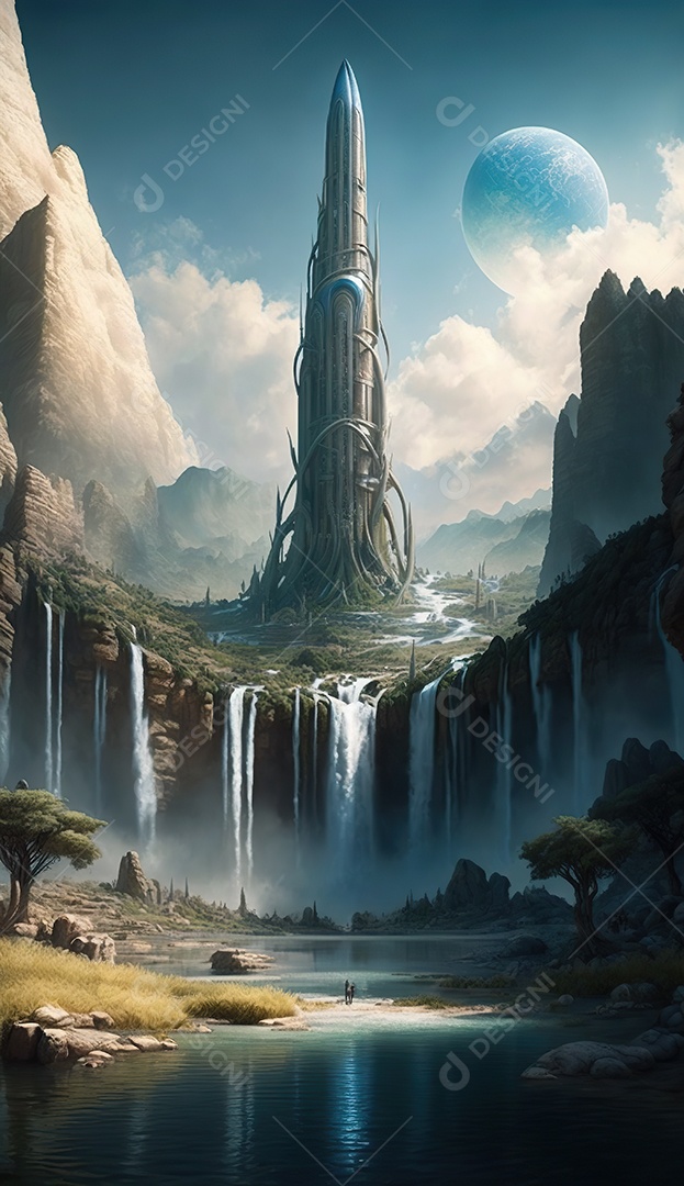 uma torre misteriosa no centro de uma cidade élfica em uma planície em Waterfalls. Fantasia