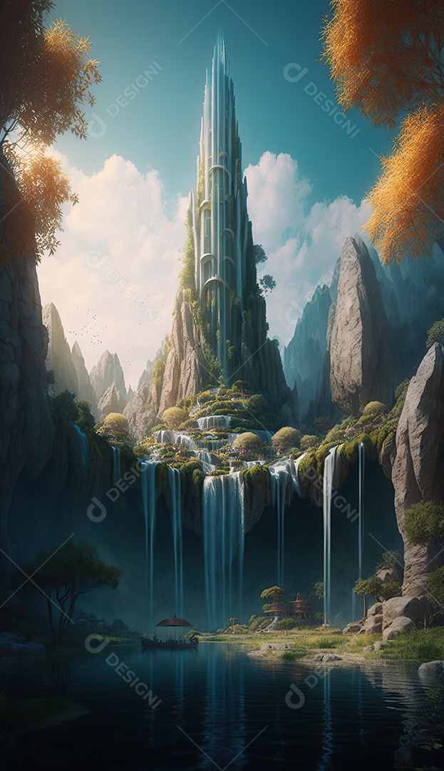 uma torre misteriosa no centro de uma cidade élfica em uma planície em Waterfalls. Fantasia