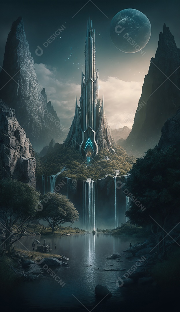 uma torre misteriosa no centro de uma cidade élfica em uma planície em Waterfalls. Fantasia