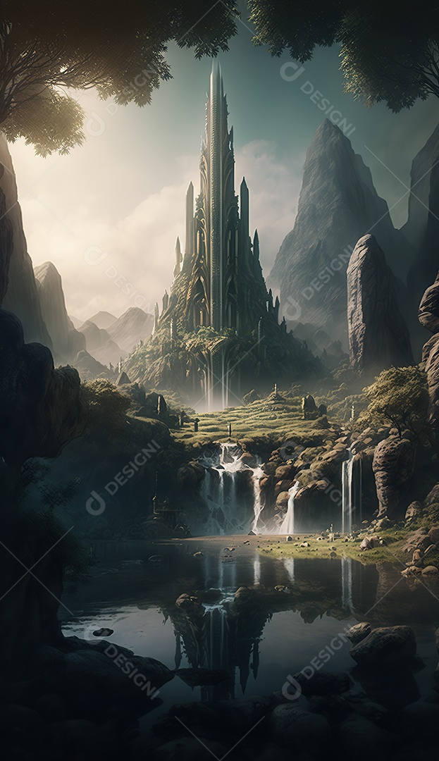 uma torre misteriosa no centro de uma cidade élfica em uma planície em Waterfalls. Fantasia