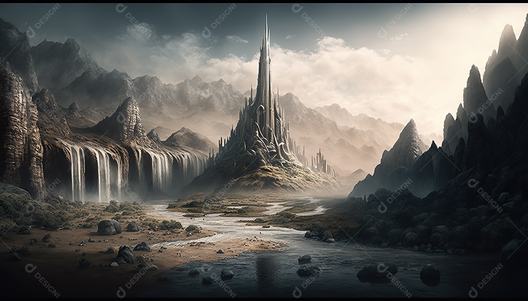 uma torre misteriosa no centro de uma cidade élfica em uma planície em Waterfalls. Fantasia