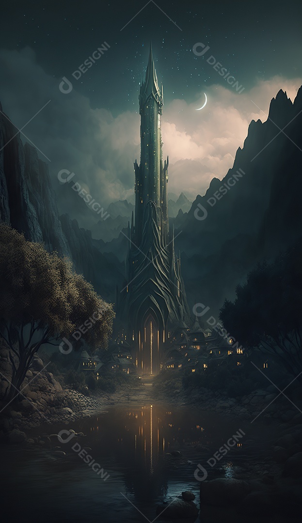 uma torre misteriosa no centro de uma cidade élfica em uma planície em Waterfalls. Fantasia