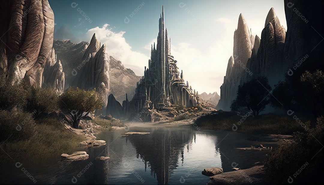 uma torre misteriosa no centro de uma cidade élfica em uma planície em Waterfalls. Fantasia