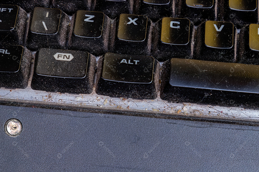 Teclado de computador mecânico com muita sujeira.