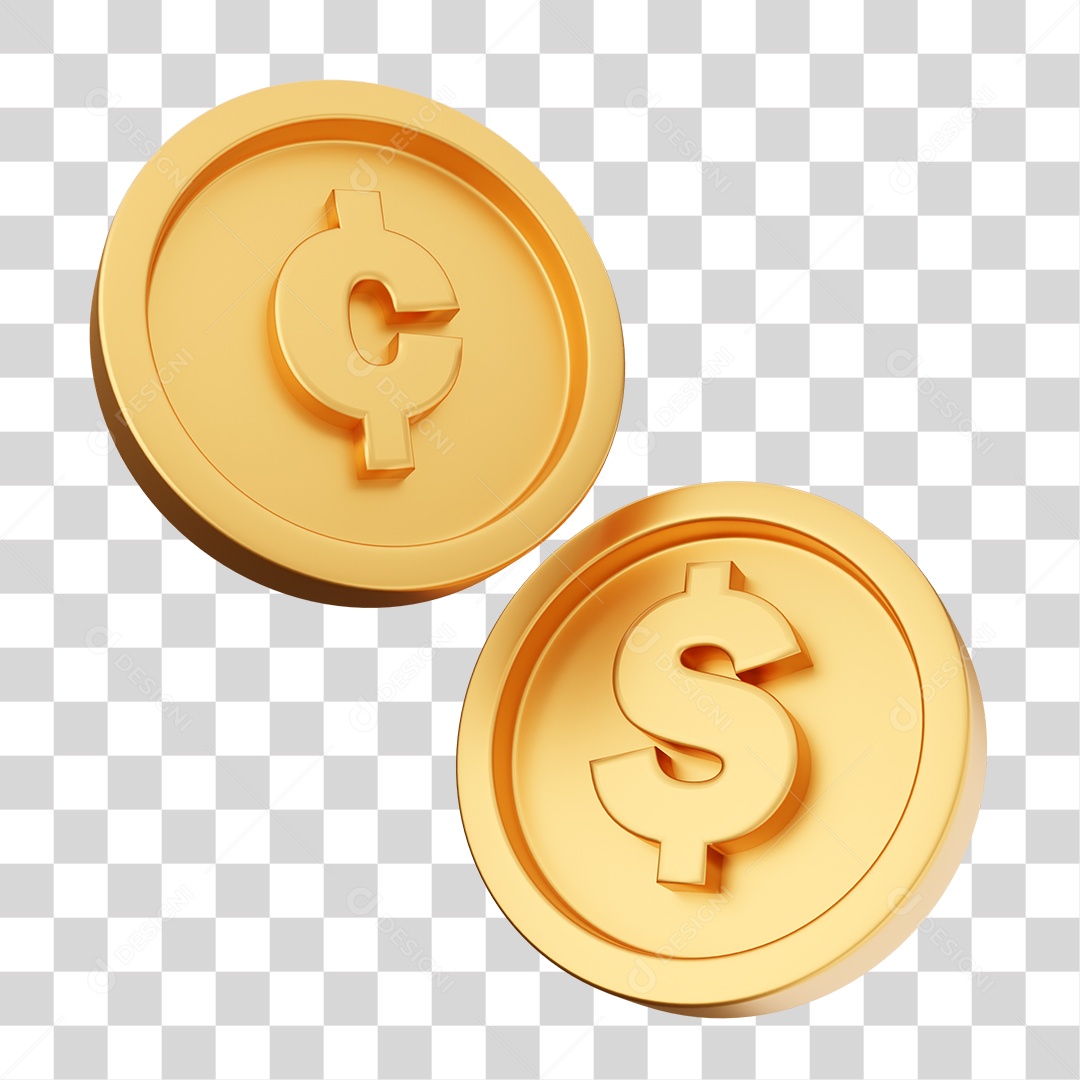 Moedas de Cedi Ganês e Dólar Elemento 3D para Composição PNG Transparente