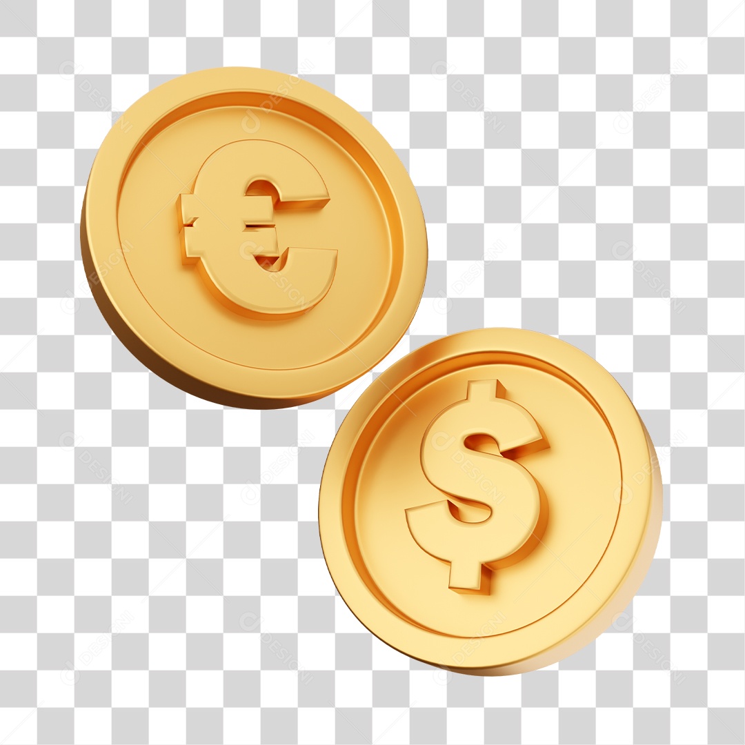 Moedas de Euro e Dólar Elemento 3D para Composição PNG Transparente
