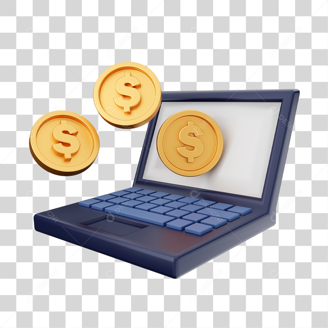 Moedas Saindo de Notebook Elemento 3D para Composição PNG Transparente