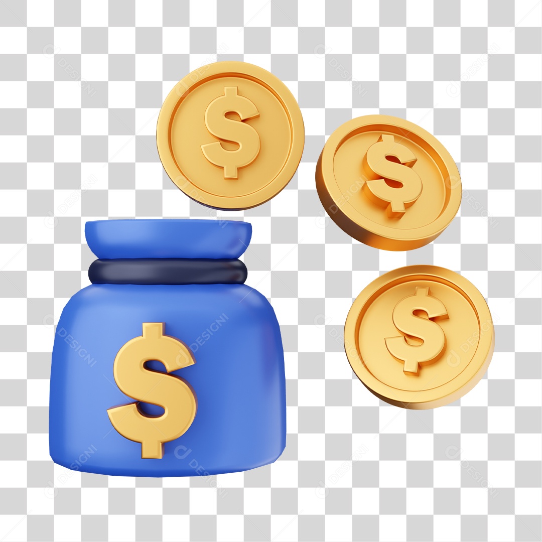 Saco de Moedas Dólar Elemento 3D para Composição PNG Transparente