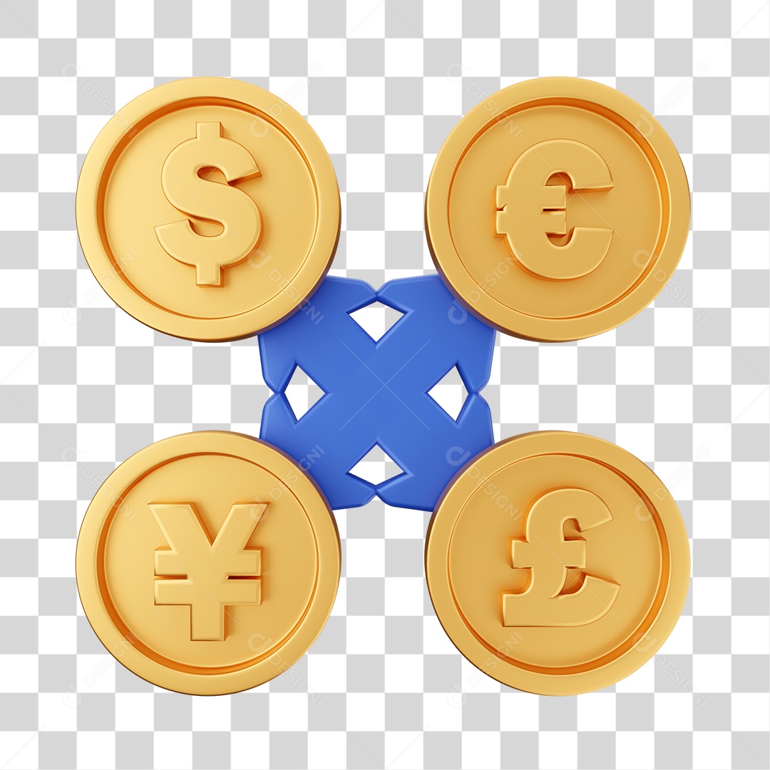 Moedas Dólar Euro Ienes e Libra Elemento 3D para Composição PNG Transparente
