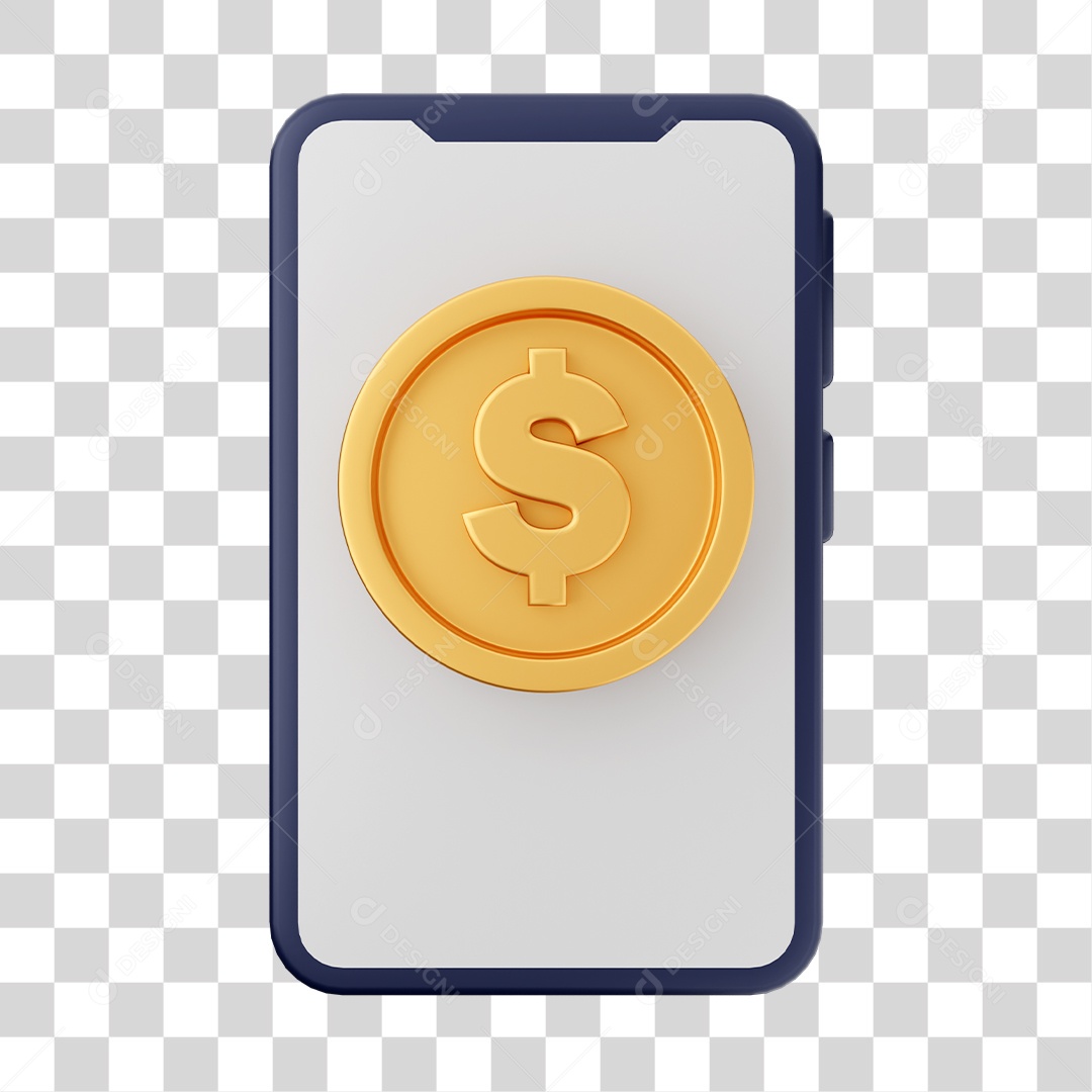 Moeda em Celular Elemento 3D para Composição PNG Transparente