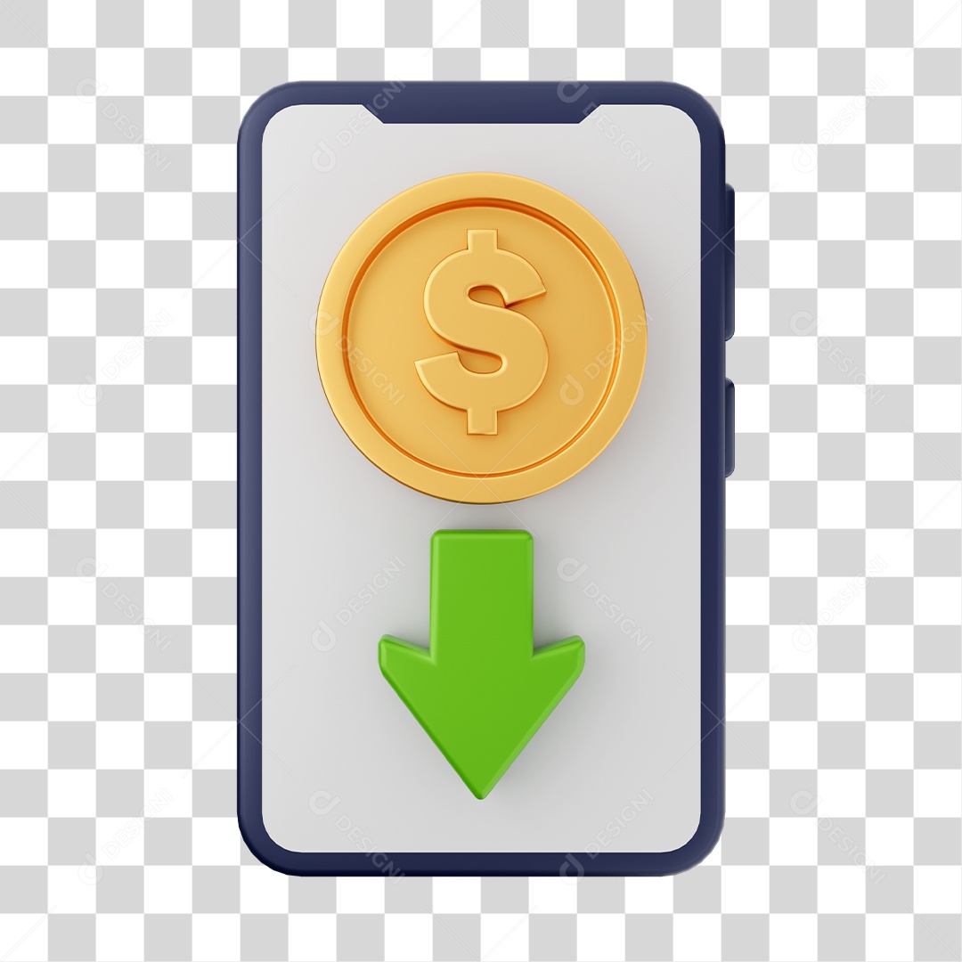 Moeda Dólar Comprada em Smartphone Elemento 3D para Composição PNG Transparente