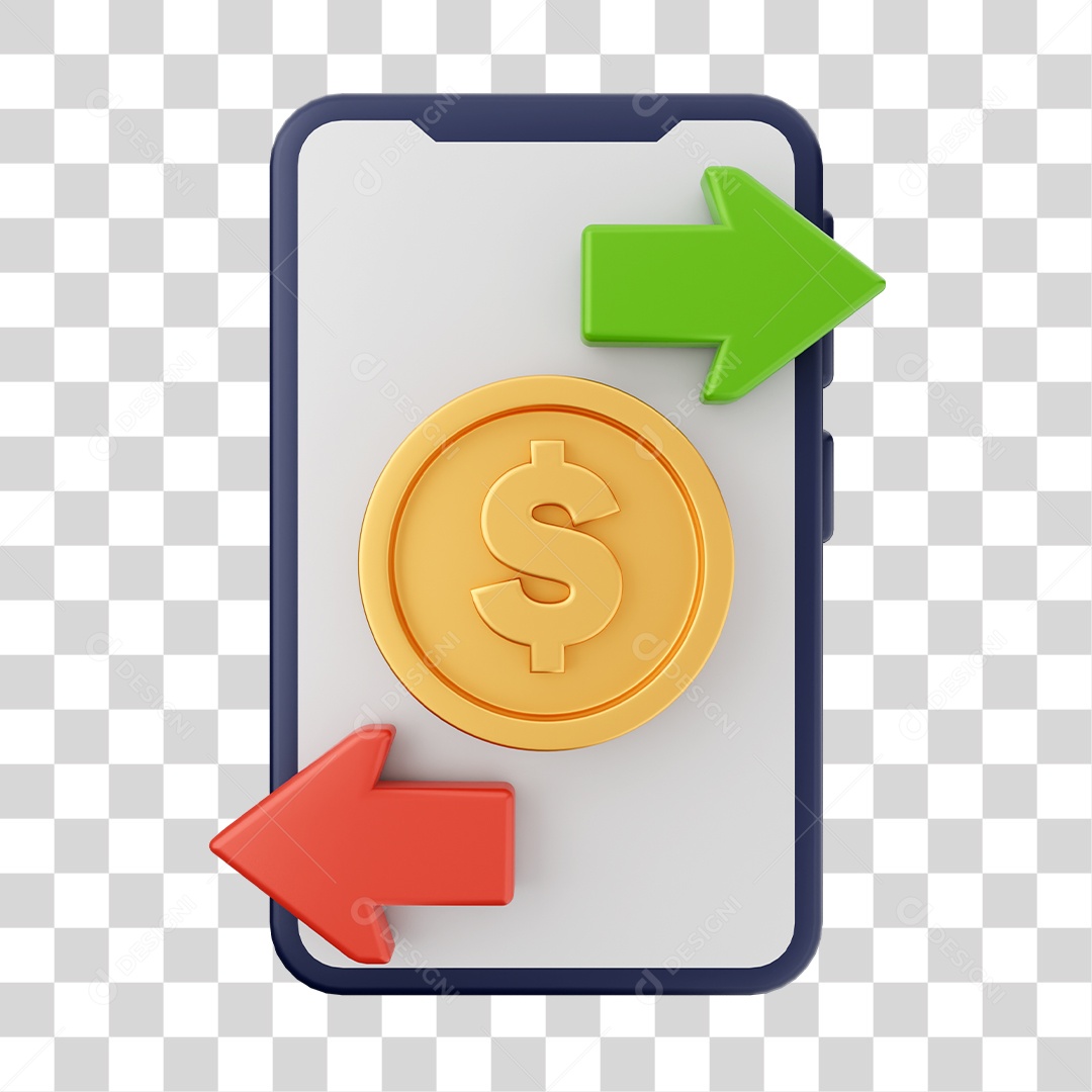 Moeda Dólar Vendida e Comprada em Smartphone Elemento 3D para Composição PNG Transparente