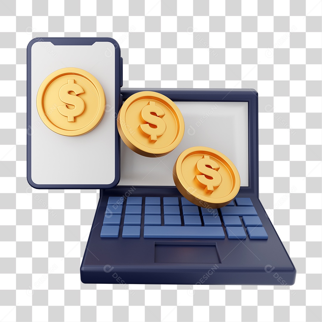 Moedas de Dólar Smartphone e Notebook Elemento 3D para Composição PNG Transparente