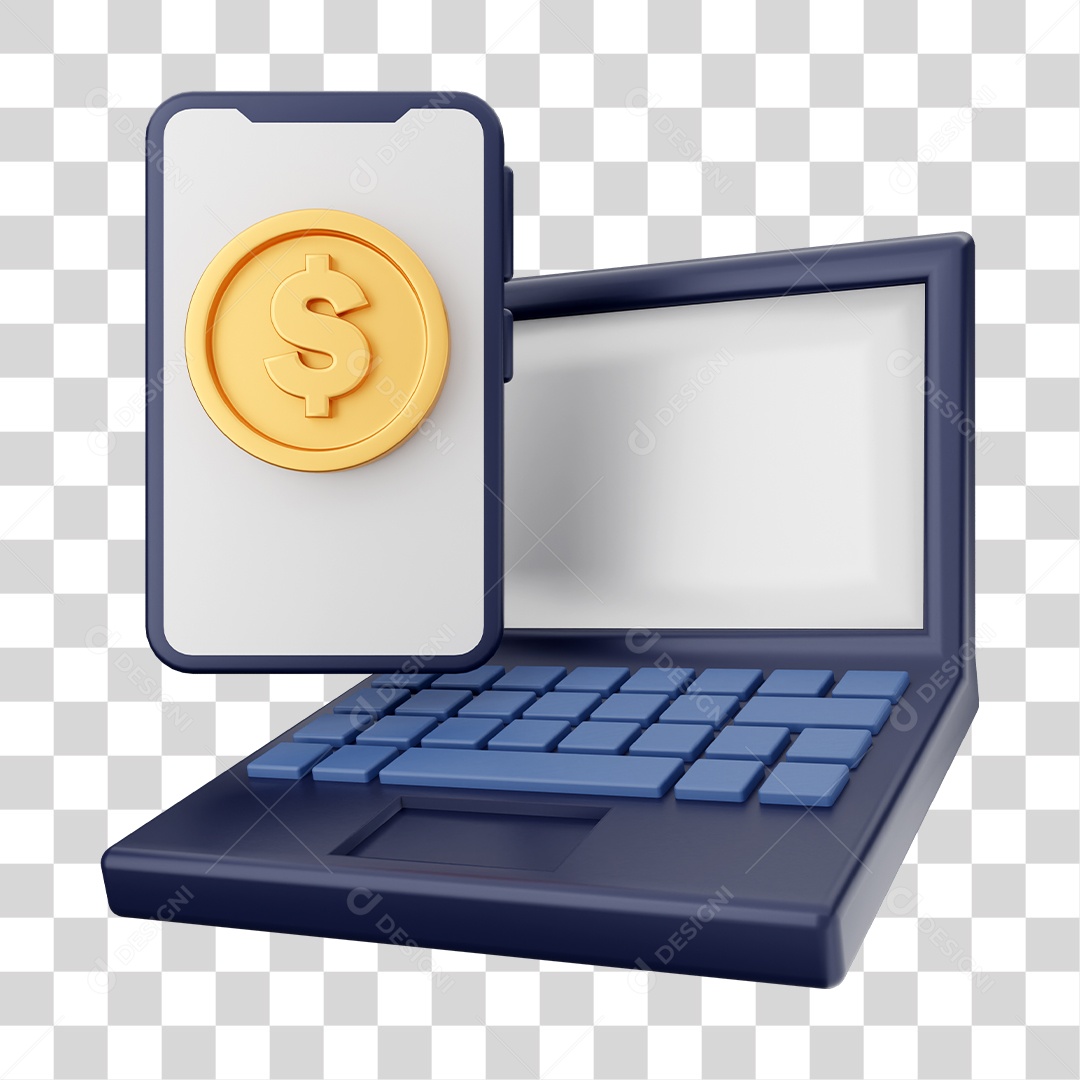 Moeda de Dólar Smartphone e Notebook Elemento 3D para Composição PNG Transparente
