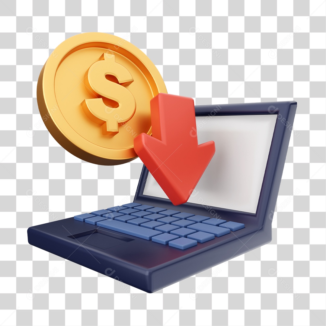 Moeda com Sinal de Vendas em Notebook Elemento 3D para Composição PNG Transparente
