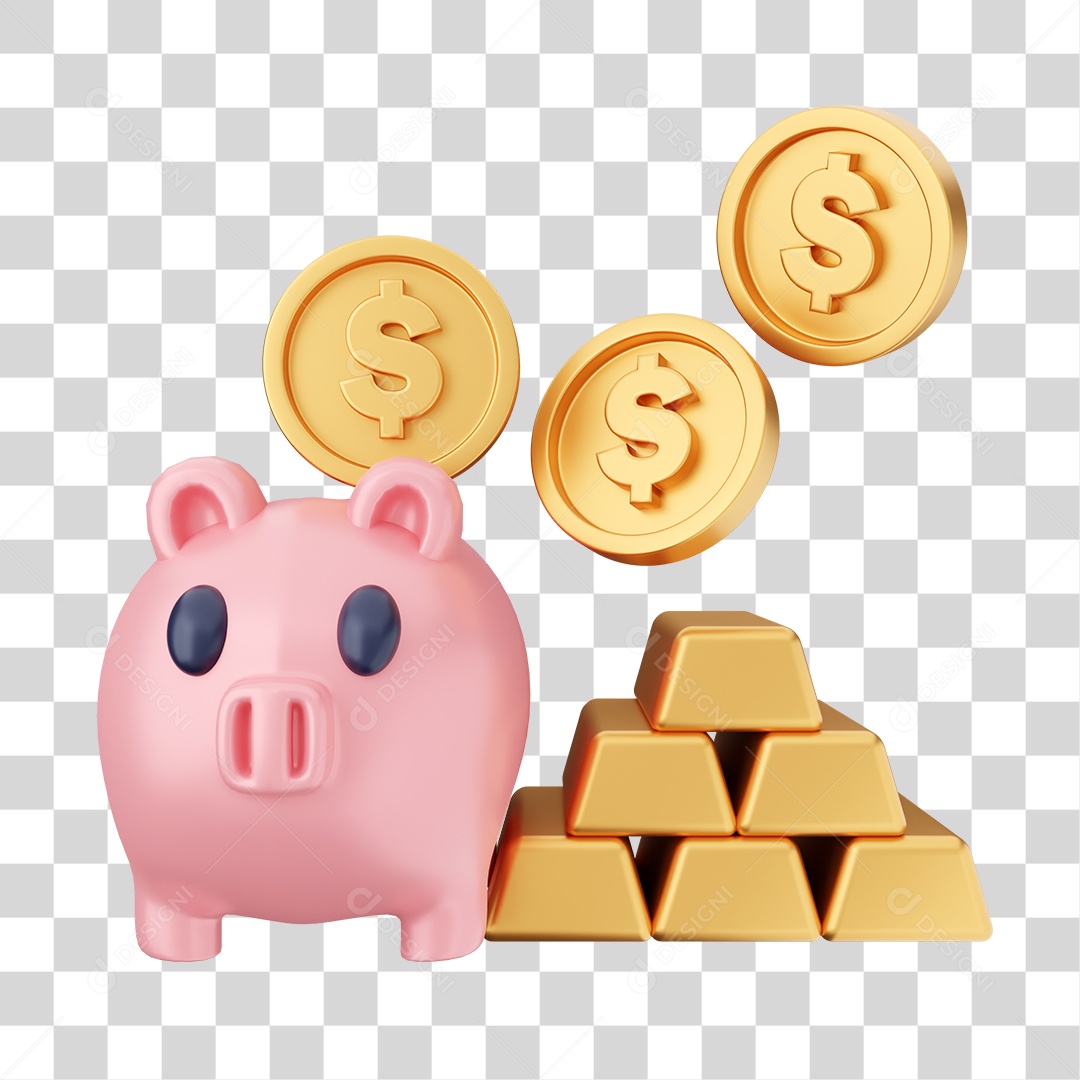 Barras de Ouro Moedas e Cofrinho Elemento 3D para Composição PNG Transparente