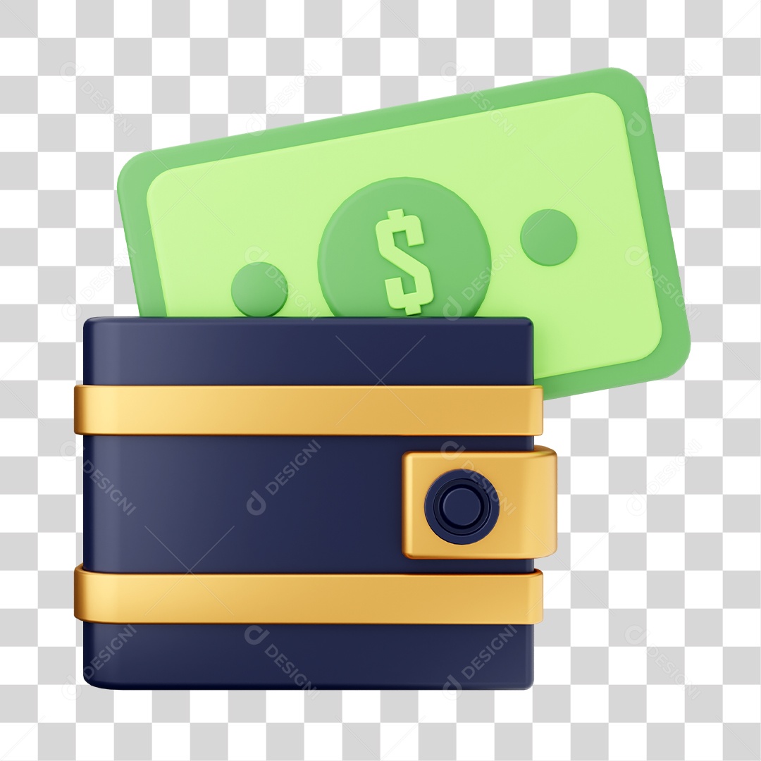 Gold Wallet Holding Money 3D Element for Transparent PNG Composition