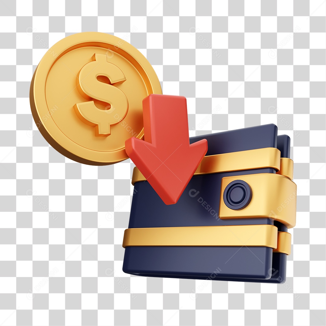 Carteira Dourada Moeda com Sinal de Vendas Elemento 3D para Composição PNG Transparente