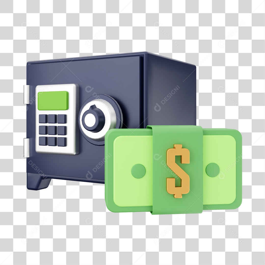 Cofre e Notas de Cédulas Elemento 3D para Composição PNG Transparente