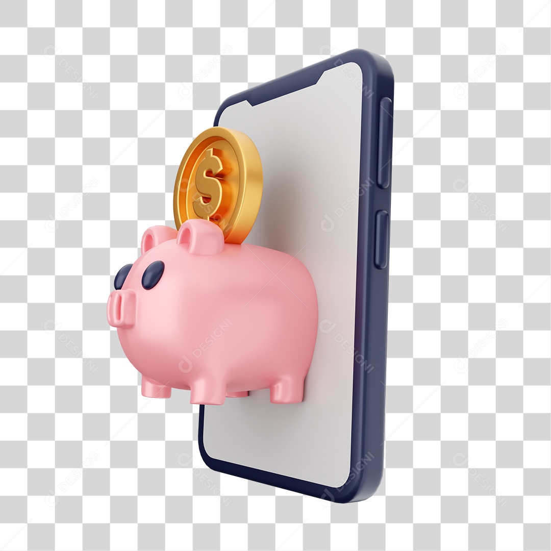 Moeda Guardada e Cofrinho em Celular Elemento 3D PNG Transparente
