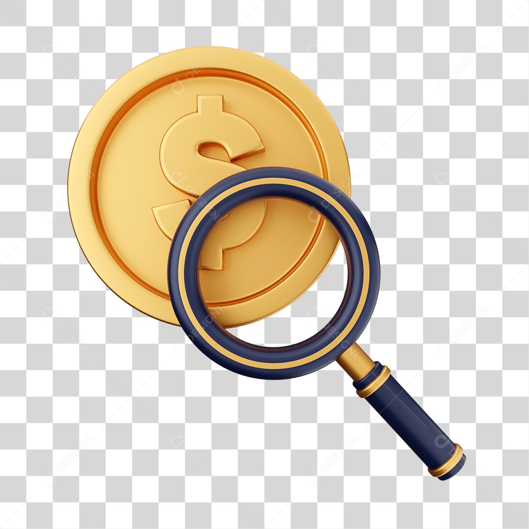 Moeda e Lupa Elemento 3D para Composição PNG Transparente