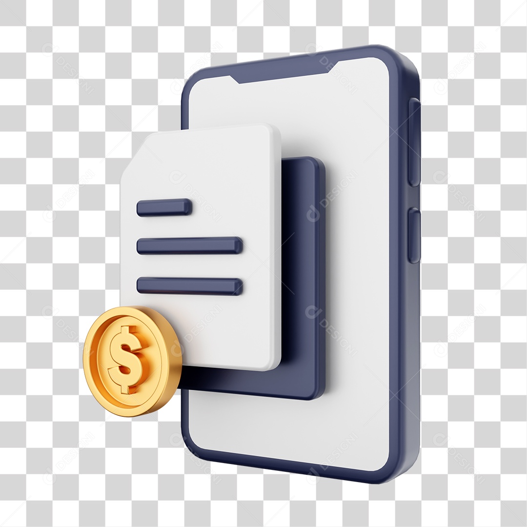 Smartphone Com Ícone de Documento e Moeda Em Sua Tela Elemento 3D PNG Transparente