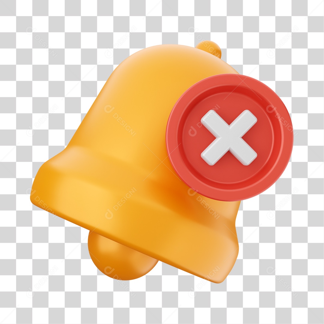 Sino de Notificação Com Ícone x Elemento 3D Dourado para Composição PNG Transparente