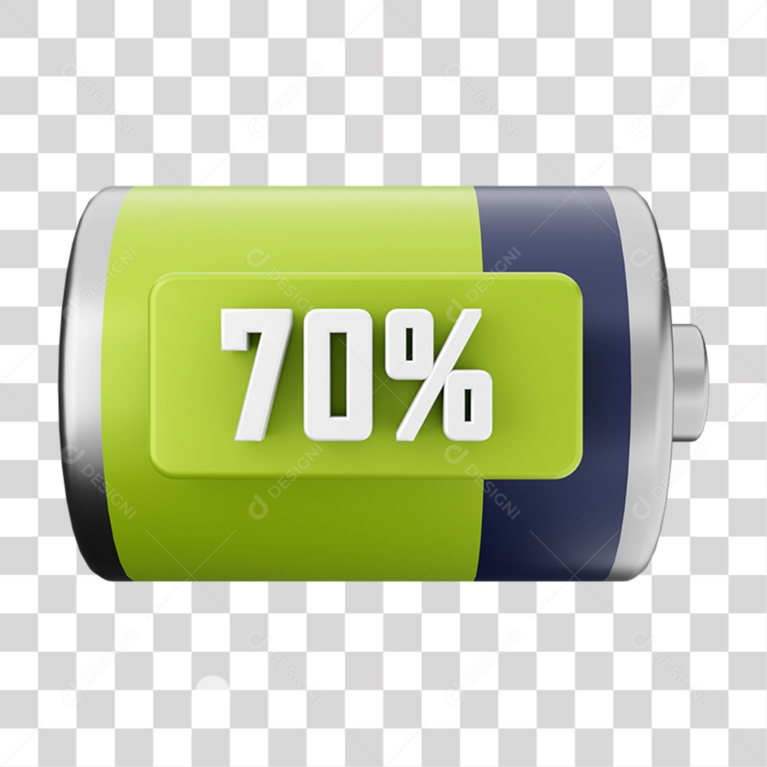Elemento 3D Bateria 70% para Composição PNG Transparente