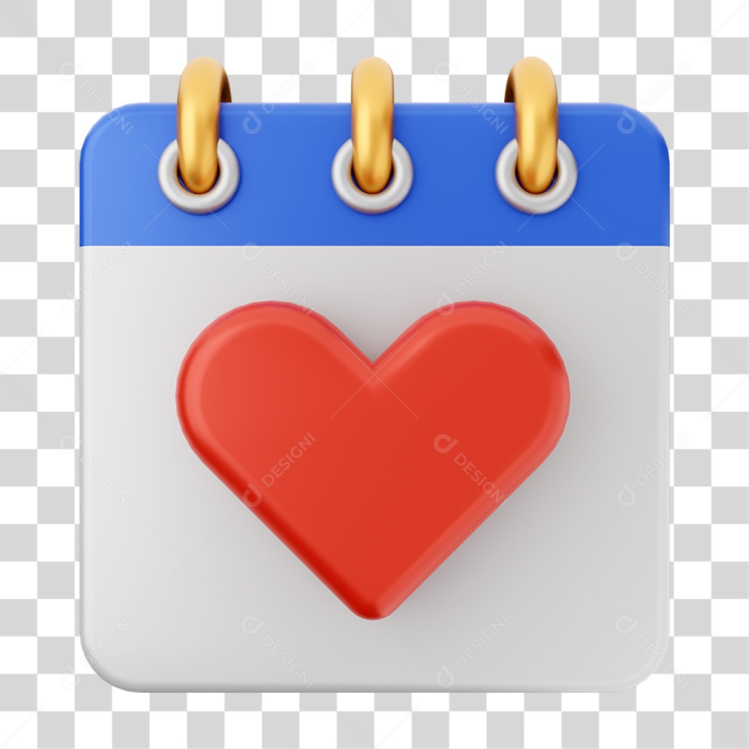 Elemento 3D Calendário Coração para Composição PNG Transparente