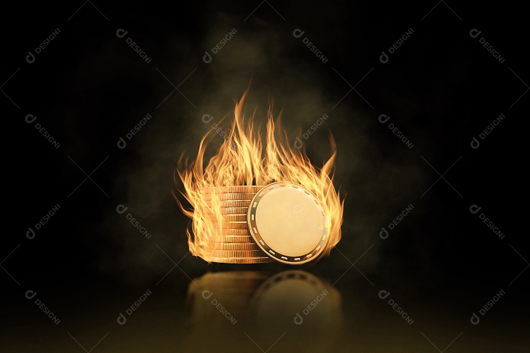 Moeda ardente no fogo no fundo preto