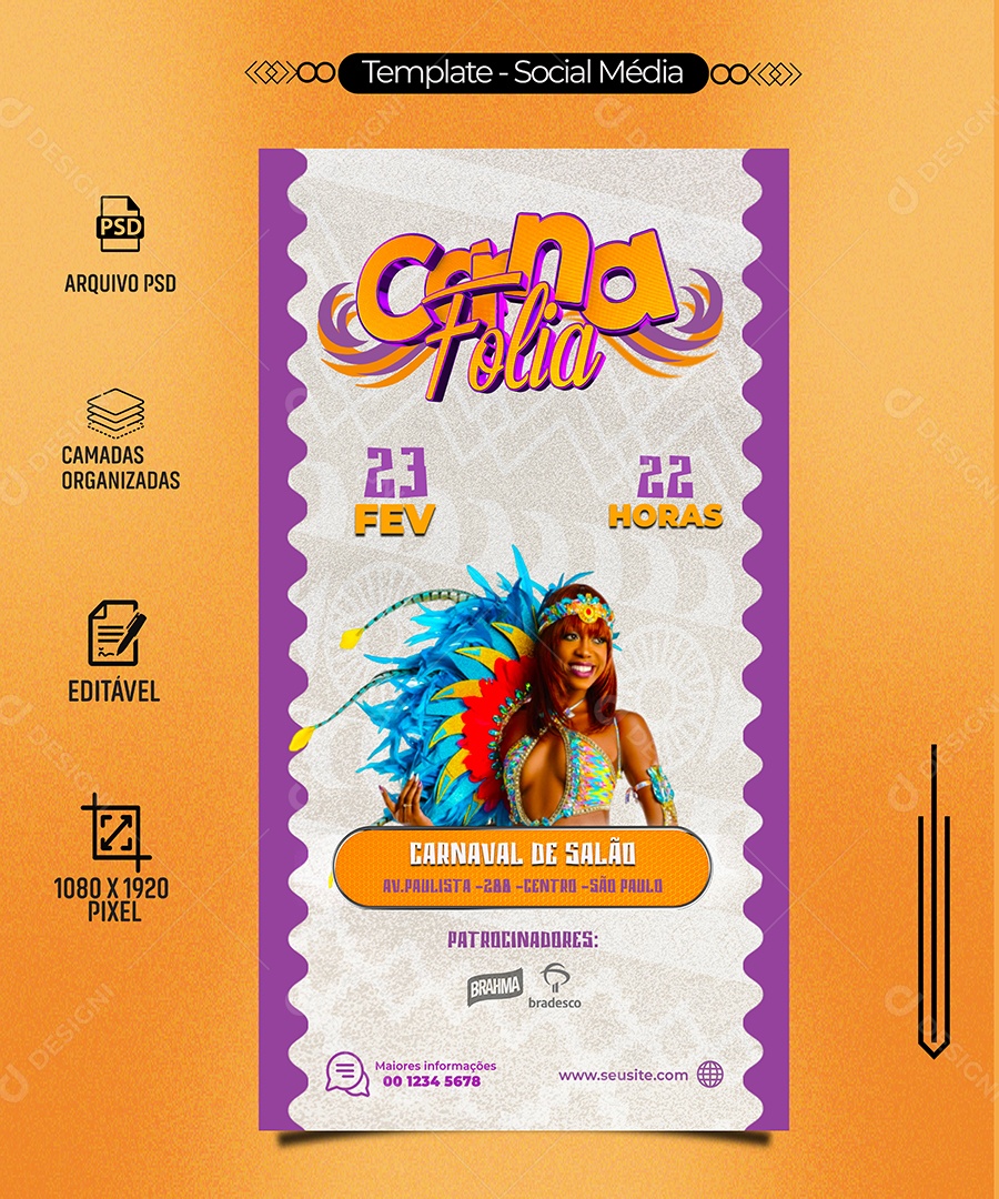 Story Carna Folia 23 de Fevereiro Carnaval de Salão Social Media PSD Editável