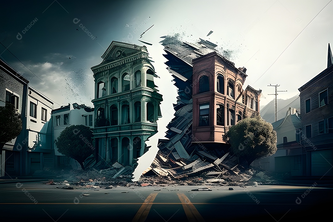 Cidade destruída por terremoto ao fundo com edifício ao meio
